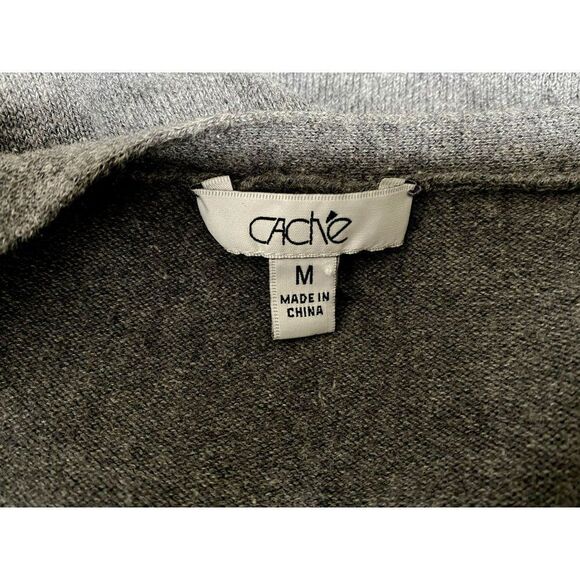 Cache Gray V-Neck Boyfriend Long Cardigan Sweater Sz M Silver Mesh Pocket Detail - Picture 6 of 7